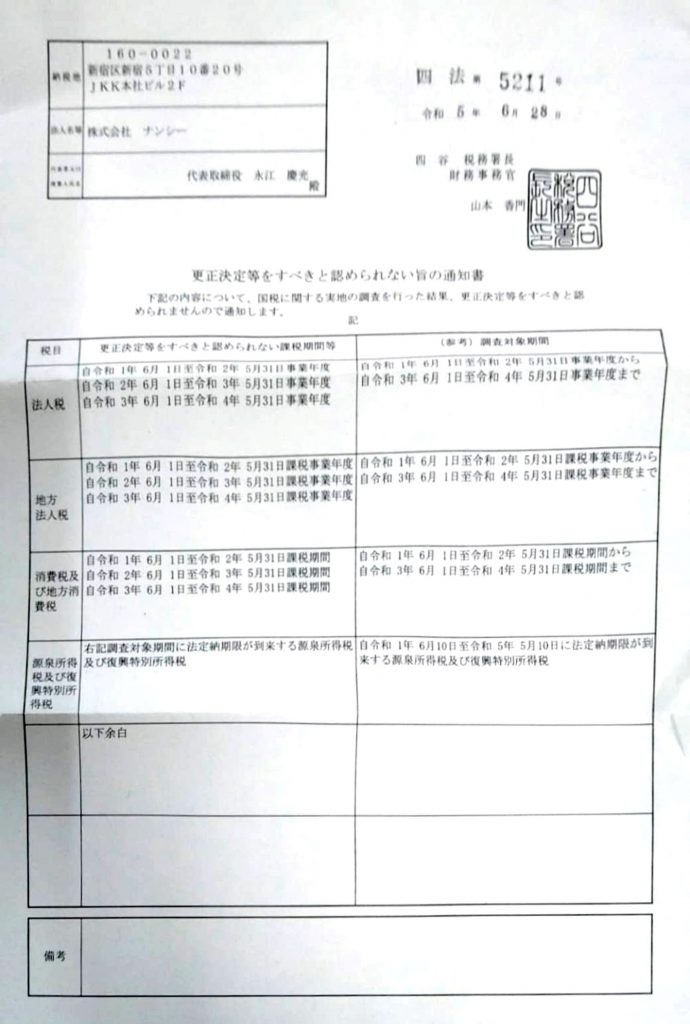 税務調査において是認通知をいただきました。